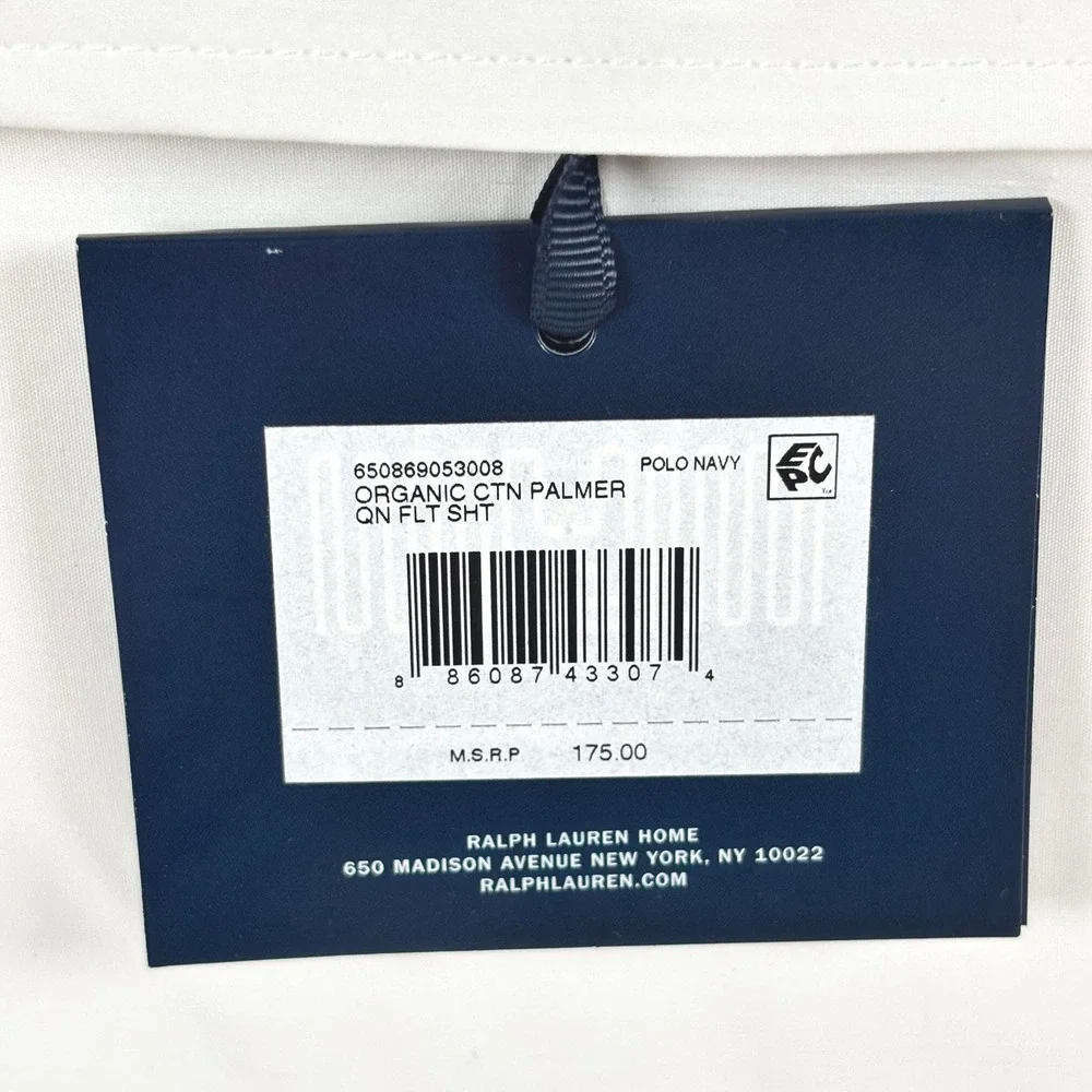 Ralph Lauren‎ Palmer Percale Queen Flat Sheet Polo Navy Trim Organic Cotton NEW